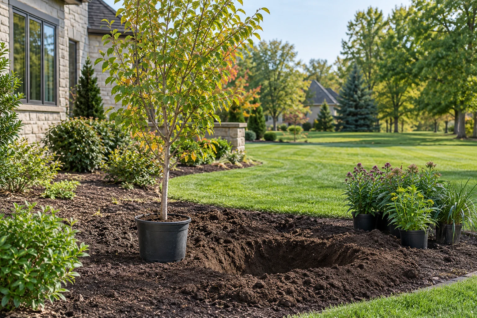 Young ornamental tree and fall perennials ready beside a prepared planting hole