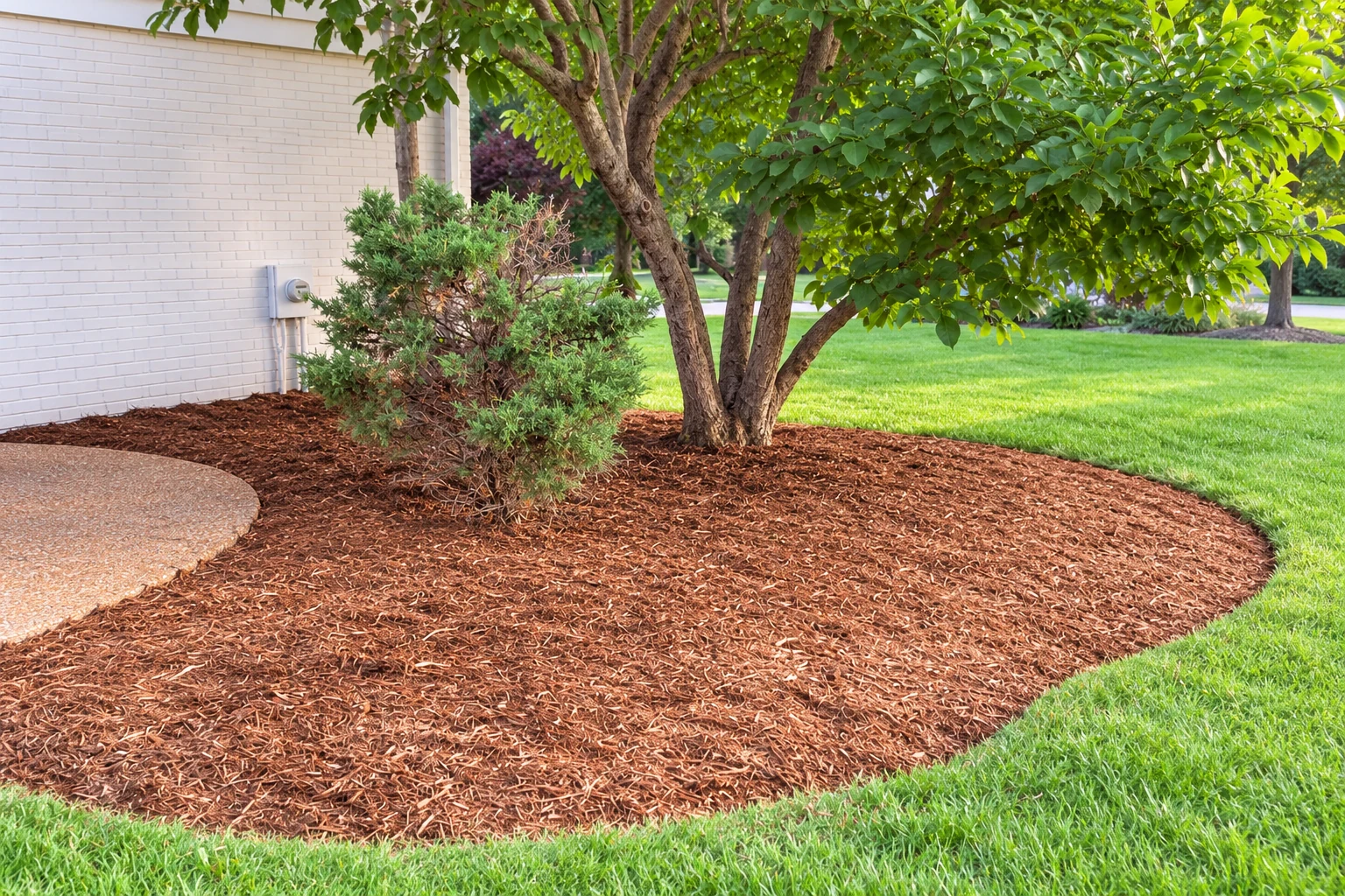 Finished mulch installation with a clean curved edge around established trees and shrubs