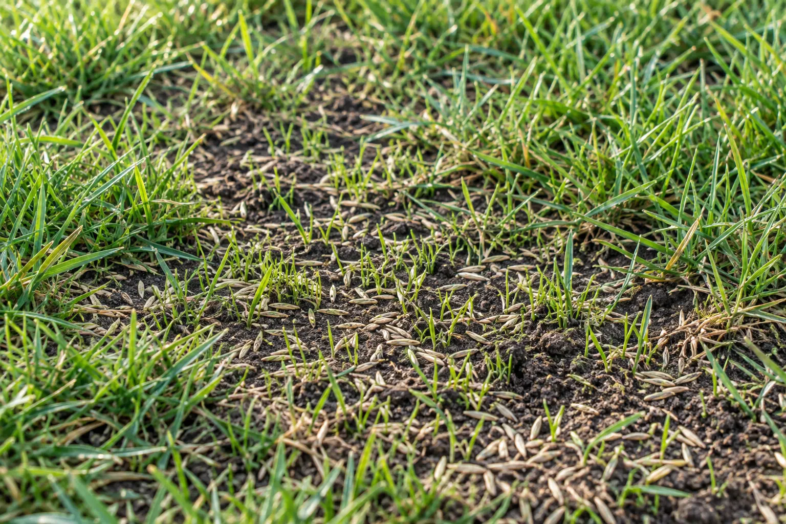 Grass seed and new shoots in a prepared thin lawn area