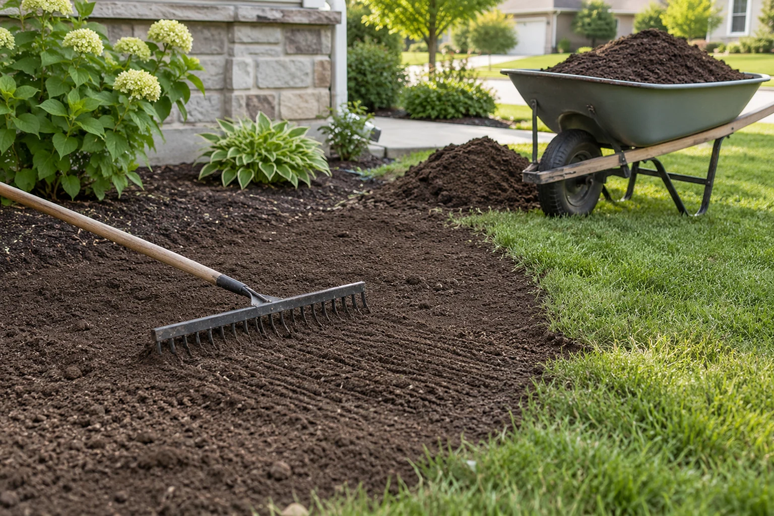 Fresh topsoil being blended into an existing lawn with a landscape rake