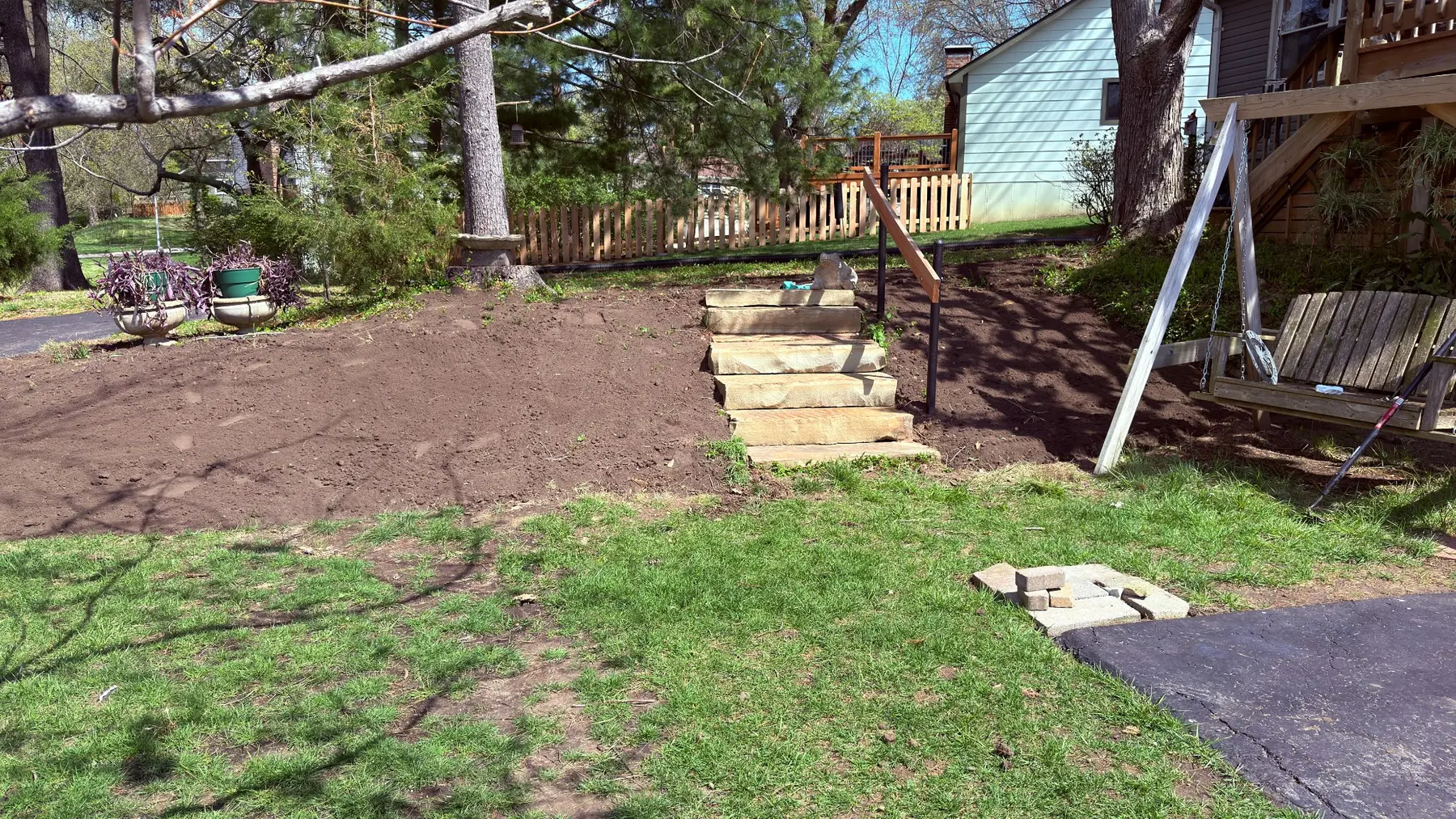 Residential yard after topsoil placement and light hand grading by Prosper In Lawn Care